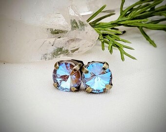 Blue Mocha 8mm Crystal Post Earrings: Antiqued Brass Studs, Stainless Steel post, Gift Box