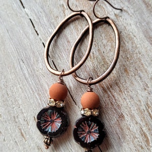 Copper Oval and Flower Earrings with Deep Purple Flower Czech Picasso bead Rust Matte Czech Bead Gift Earrings Everyday Earrings Boho