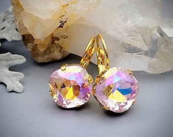 Rose Shimmer Crystal Earrings: Yellow Gold Lever Back, 12mm Cushion Cut