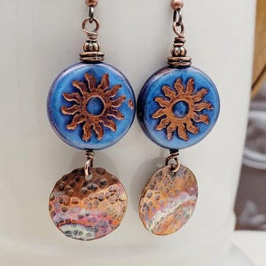 Sun Czech Earrings with Flame Painted Hammered Copper Disc, Sun Blue Boho Earrings, Niobium Hypoallergenic Earwires, Sun Earrings Gift Box