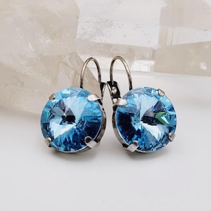 Aquamarine Swarovski Rivoli Crystal Earrings, Aqua in Lever-back Antiqued Silver Settings, Beautiful 14mm Aqua Sparkle Earrings, Gift Box