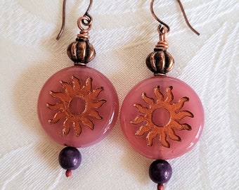 Dusty Rose Sun  Earrings Sun Czech Beads, Everyday Earrings, Gift Earrings, Pretty Dusty Rose Opaque with Copper and Purple accent beads