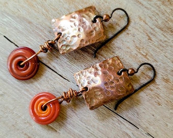 Hammered Copper & Lampwork Glass Earrings: Rustic Artisan, Niobium Earwires