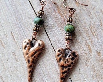 Copper Heart Dangle Earrings with Turquoise and Copper Beads, Everyday Earrings, Gift Earrings, Valentines Day Earrings