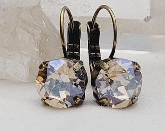 Golden Shadow Crystal Earrings: Antiqued Brass Leverback Dangles
