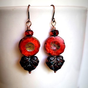Czech Flower and Petal Red Earrings Boho with Copper Earwires, Hawaiian Hibiscus Flower Earrings, Gift Flower Earrings