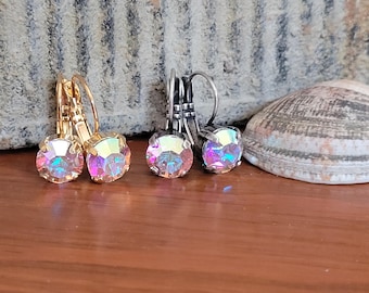 Aurora Borealis Crystal Earrings: Antique Silver Lever Back, Petite