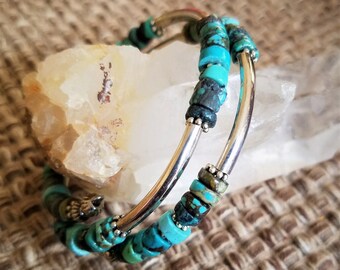 Turquoise and Sterling Silver Tube Bead Wrap Bracelet
