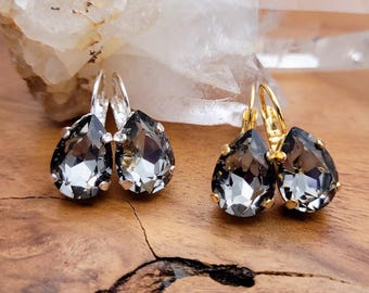 Black Diamond Crystal Teardrop Earrings: Yellow Gold or Silver Lever Back, 14x10 Crystals