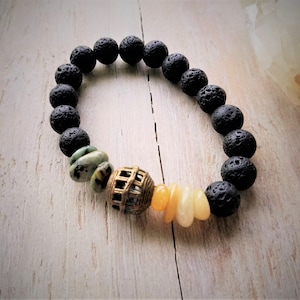 African Brass Bead, Turquoise, Orange Aventurine and Lava Bracelet, Essential Oil Bracelet option, Unisex Bracelet, Black, Turquoise, Orange