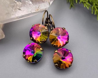Volcano Crystal Stack Earrings: Antiqued Brass Lever-Back, Multi-Colored