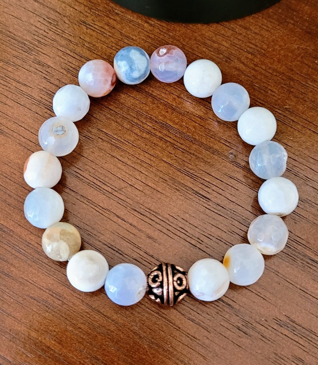 Agate Bracelet With Copper Accent Bead, Whites and Cream Agate Bracelet