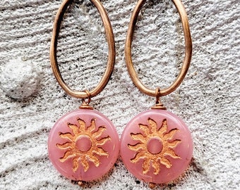 Dusty Rose Sun Earrings: Copper & Niobium, Hypoallergenic Dangle Earrings