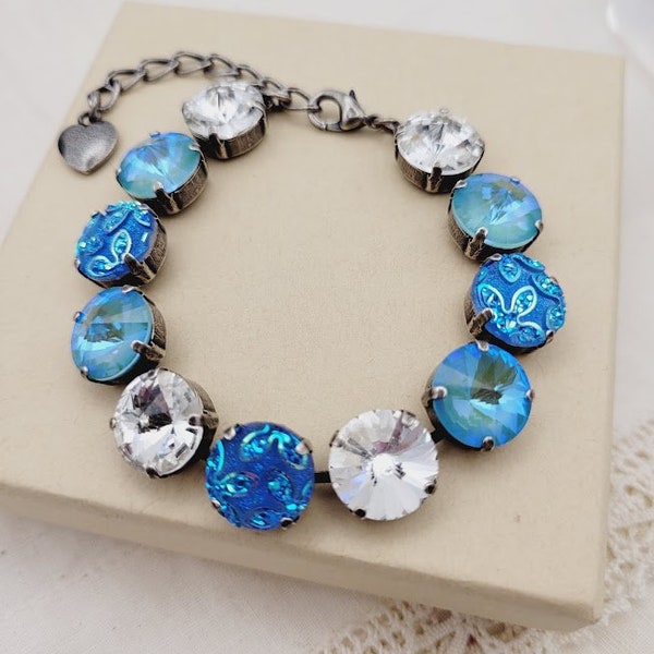 Blue and Crystal Bracelet, Druzy Flower, Mocha Blue and Clear Crystal in Antique Silver Setting, Adjustable Crystal Tennis Bracelet Gift