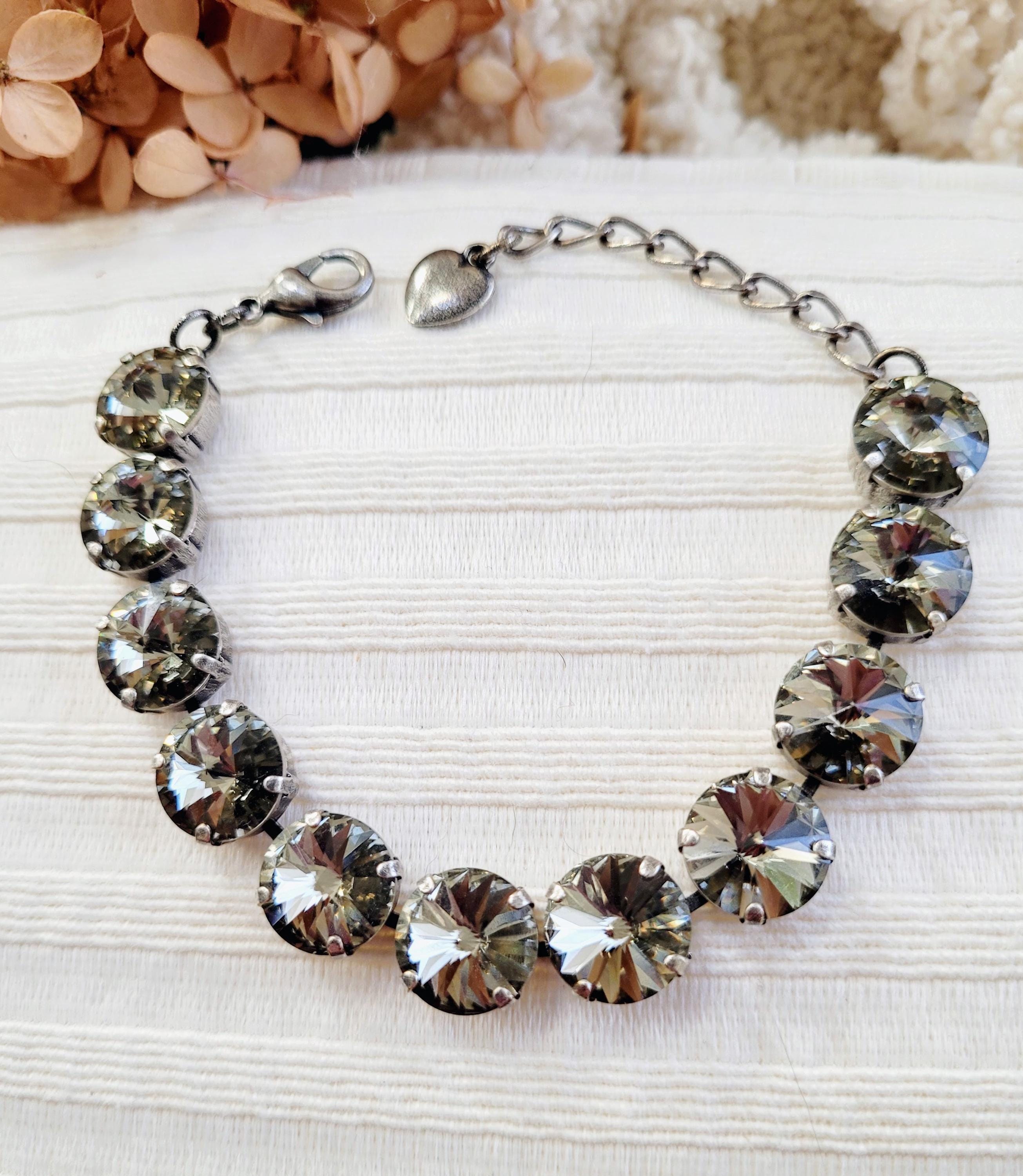 Black Diamond Crystal Bracelet: Antique Silver Setting, Heart Charm