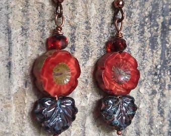 Czech Glass Flower Earrings: Red Hibiscus Boho Copper Jewelry