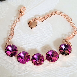 Heliotrope Purple Pink Crystal Bracelet in Rose Gold Setting, Adjustable Bracelet Iridescent hues of Purple, Fuchsia, Pink, Blue, and Green