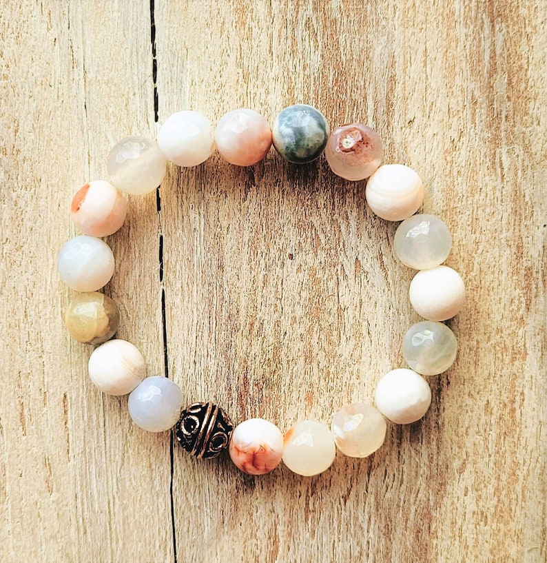 Agate Bracelet With Copper Accent Bead, Whites and Cream Agate Bracelet