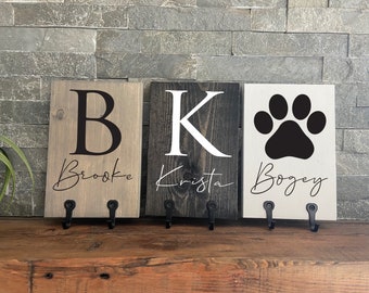 Custom Wood Hooks with Name Initial 2 hooks - Dog Hooks - Personalized - Double Towel hook - Kid child school bag hook - Entry - Mudroom