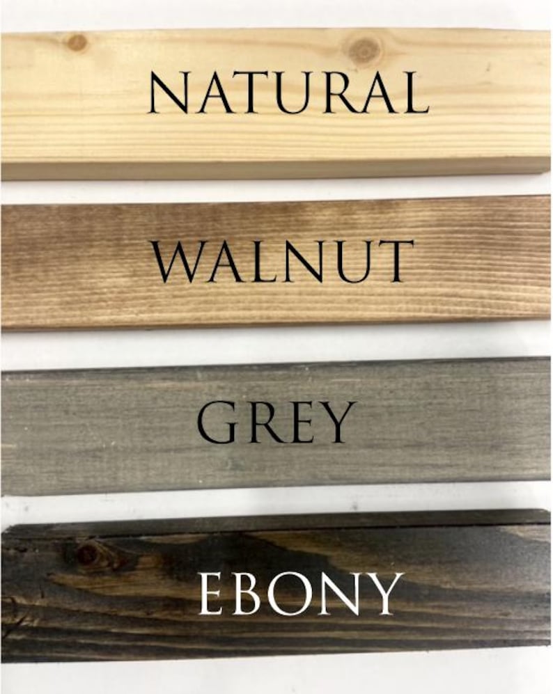 May include: Four wood samples showing different wood stains: natural, walnut, grey, and ebony.