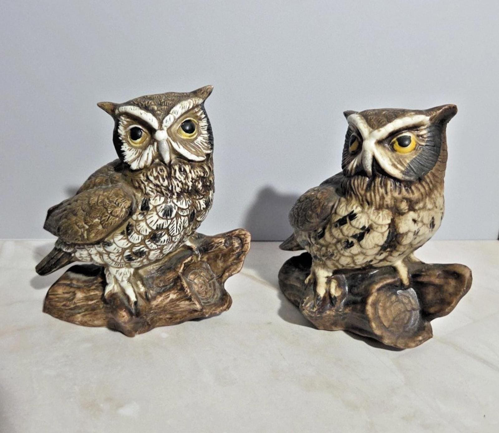 Vintage Ceramic Owl Figurine Pair Homeco & #1114 Brown Woodland Decor