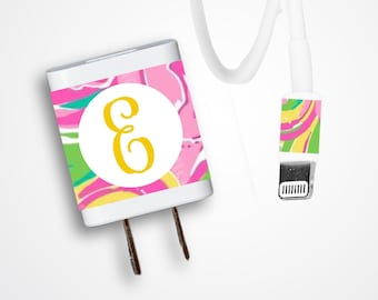 Custom charging block decal, charger wrap, Wall Plug USB Sticker, Monogrammed Preppy Phone Cord Stickers, College Dorm Accessories