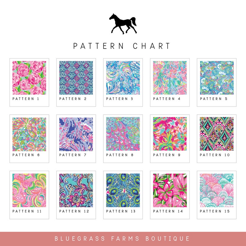 May include: A chart with 15 different patterns, each with a unique design. The patterns are labeled with numbers 1 through 15. The chart is titled "Pattern Chart" and the text "Bluegrass Farms Boutique" is at the bottom.