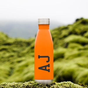 May include: Orange stainless steel water bottle with a black "AJ" logo on the side. The bottle is sitting on a bed of green moss.