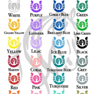 May include: A chart of 16 different colored horseshoe designs with the text "Bluegrass Farms Boutique" at the top. The colors include white, purple, cobalt blue, green, golden yellow, lavender, brilliant blue, lime green, yellow, lilac, ice blue, black, maroon, coral, turquoise blue, grey, red, pink, turquoise, silver, orange, soft pink, mint, and gold.