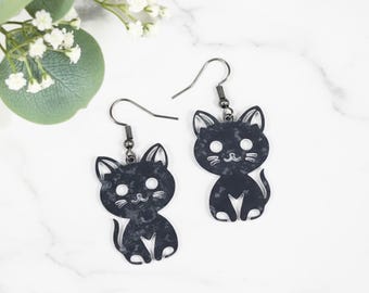 Black Cat Earrings Lightweight Halloween Cat Lover Fall Jewelry, Chunky Cat Mom Gift Acrylic  Dangle Earrings Sensitive Ears
