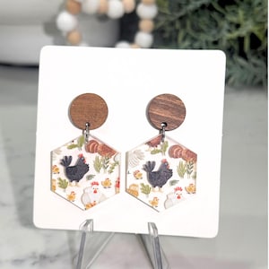 Chicken Acrylic Earrings with Walnut Wood Studs, Handmade Hexagon Statement Earrings, Custom Made Laser Cut Rustic Jewelry, Gift for Mom