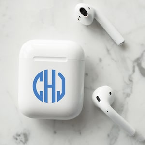 May include: White wireless charging case for earbuds with a blue monogram of the letters CHJ in a circle.