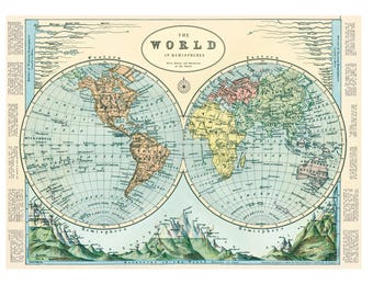 Cavallini & Co. Hemispheres Map Poster, Archival Paper, Matte Print, 5 Pack