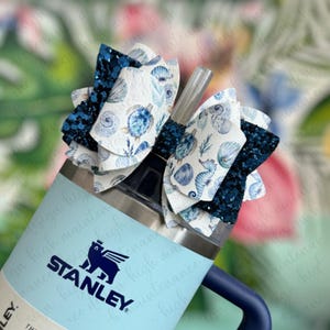 Aquarell Stanley Strohschleife | Küsten Trommelschleife | Stanley Bogen | Glitzer Trommelschleife | Stroh Schleife Topper | Glitter Strohschleife Topper |