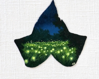 Firefly Leaf Art Print: Nature-Inspired Acrylic Painting