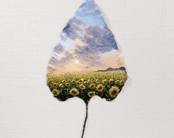 A Familiar Peace - Preserved Leaf Art Print, Landscape Artwork, Sunflower Field Painting, Nature-inspired Wall Art