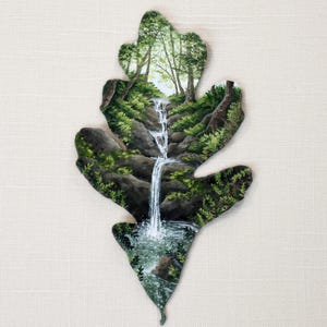 Preserved Oak Leaf Art Print: Waterfall Landscape Painting