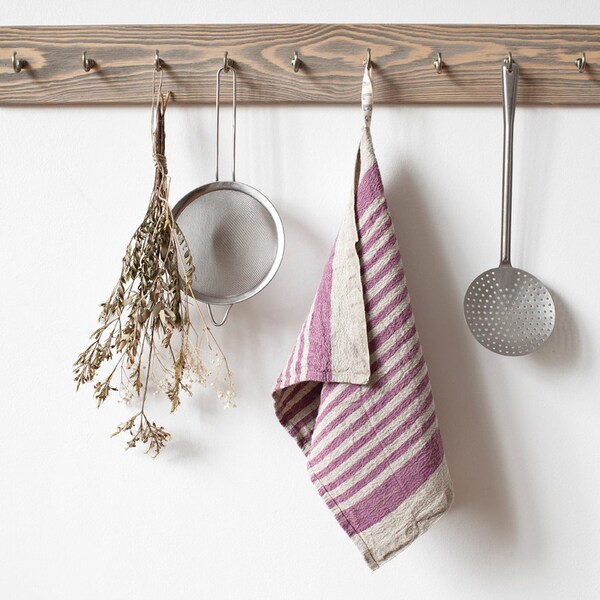Purple Stripe Rustic Stone Washed Linen Tea Towel