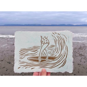 Hand-carved linocut &quot;Magic” fine art print / Linoblock / Blockprint / original artwork on 6x8 handmade paper / Cross Step Surf, Surfer