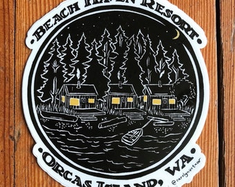 May include: Black and white illustration of a cabin resort on Orcas Island, Washington. The image features a moon, stars, trees, and a small boat. The text reads "Beach Haven Resort, Orcas Island, WA."