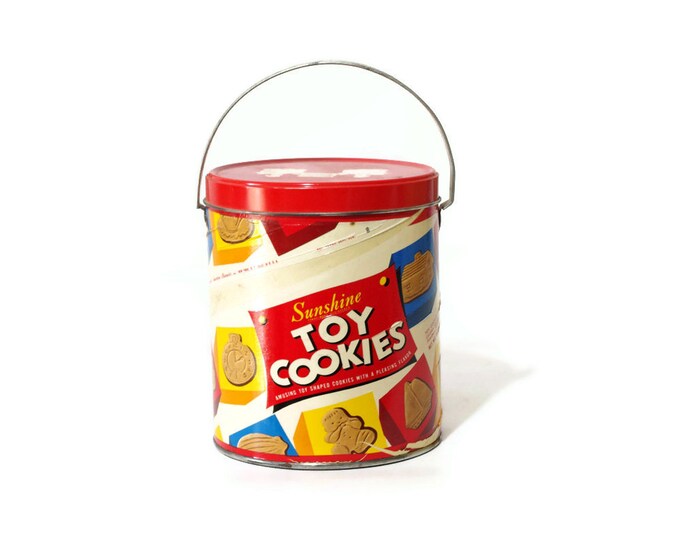 Sunshine Toy Cookies, Vintage Tin & Cardboard Container, Bucket, Pail