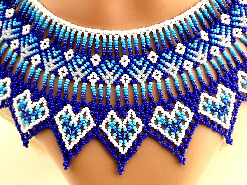 Huichol Beaded Colar Necklace In Blue Shades | Etsy