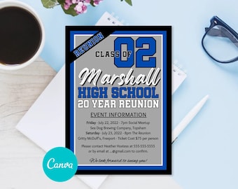 Puede incluir: Una invitación azul y gris para una reunión de 20 años de la escuela secundaria para la clase de 2002 de la escuela secundaria Marshall. La invitación incluye la fecha, la hora y la ubicación de los eventos de la reunión.