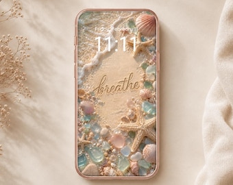 Beach Breathe iPhone Wallpaper Lock Screen | Boho Summer Quote Smartphone Background Digital Download