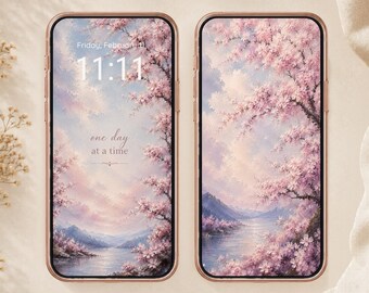 Cherry Blossoms Set of 2 iPhone Wallpaper Lock Screen | Soft Quote Smartphone Background Digital Download