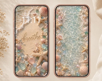 Beach Breathe Set of 2 iPhone Wallpaper Lock Screen | Boho Summer Quote Smartphone Background Digital Download