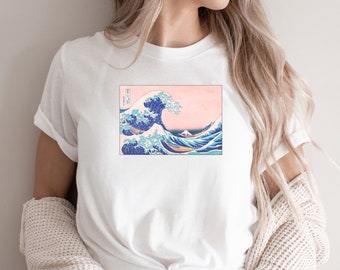 Pink Wave Unisex T-Shirt Great Wave Shirt Surfing Tee Beach Style Ocean Clothing Vacation Tropical Waves Pink Blue Boho Surfer