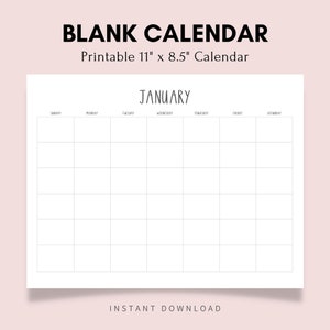 Monthly Blank Calendar Simple Calendar 11 X 8.5 Inches Horizontal ...