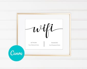 Puede incluir: Un cartel imprimible con la palabra "wifi" en letra cursiva. El cartel también incluye las palabras "Red" y "Contraseña" con espacios reservados para el nombre de la red y la contraseña.