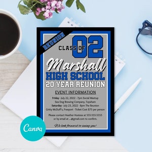 10 20 30 Year High School Class Reunion Any Year or Color Editable Canva Invitation Custom Printable Template High School College Invite 5x7